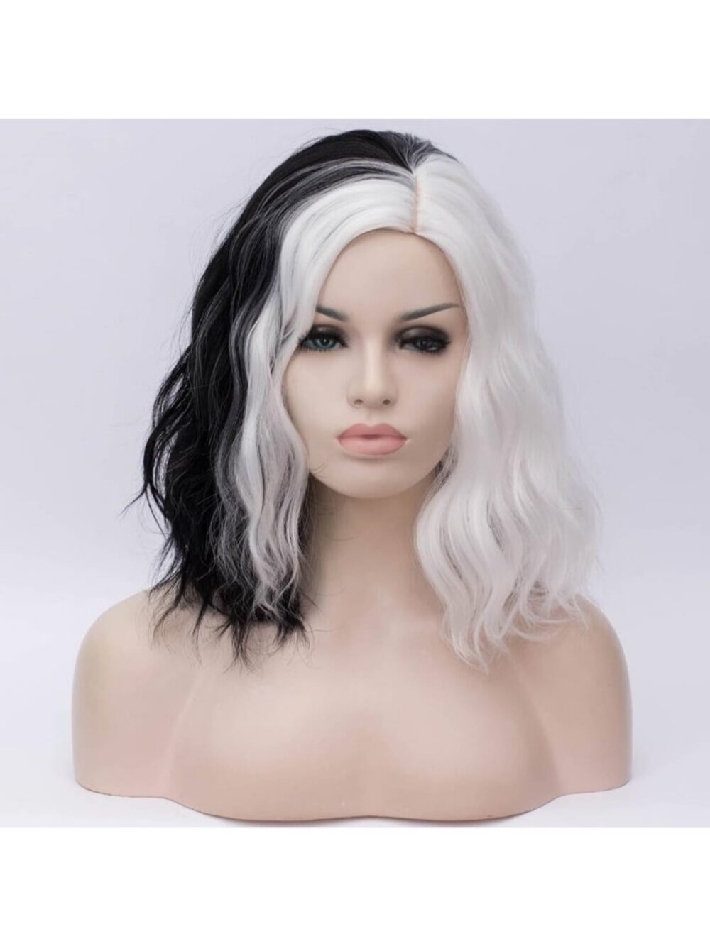 Women's Black White Wavy Curly Bob Wig Heat Resistant Cosplay Halloween Party